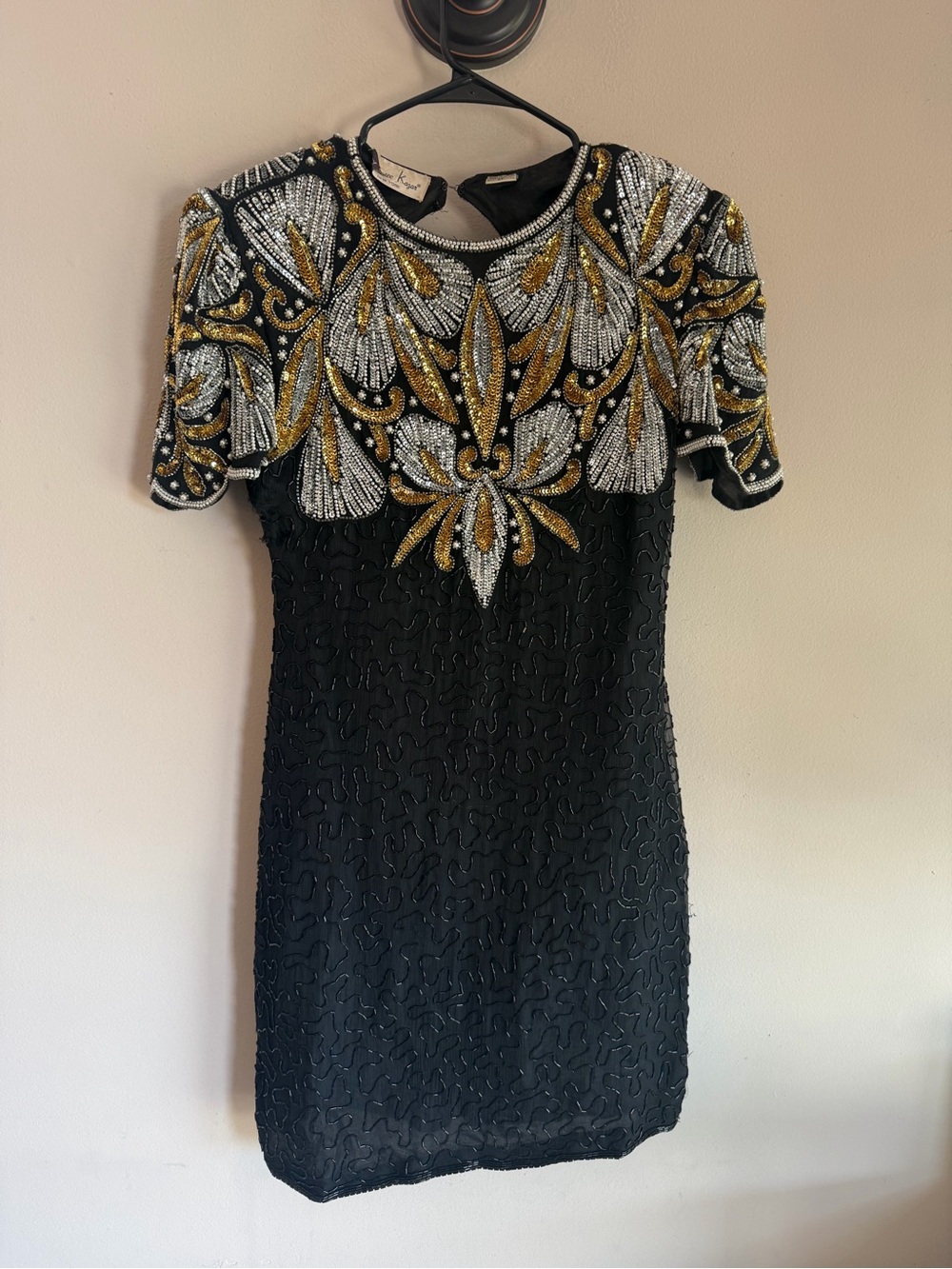 Laurence Kazar Vintage Silk Beaded Cocktail Dress Black Gold Silver Petite P